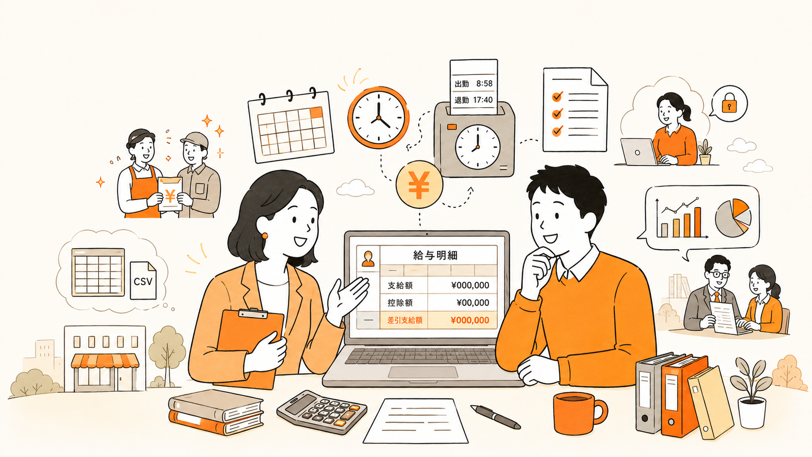給与計算をサポートする社労士と、相談する経営者のイラスト